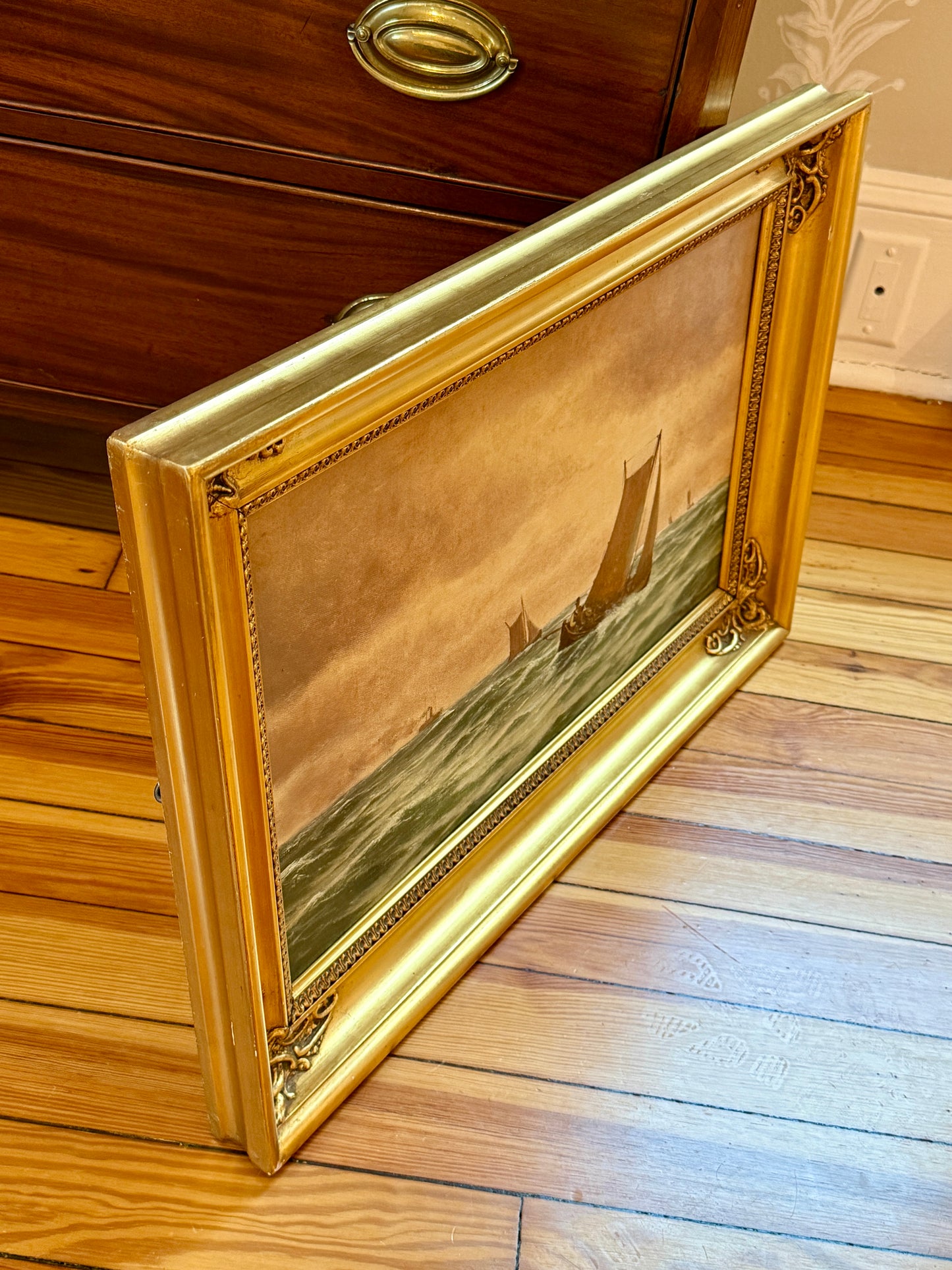 Johan Neumann Boats Crossing Seascape Oil Painting in Gold Frame