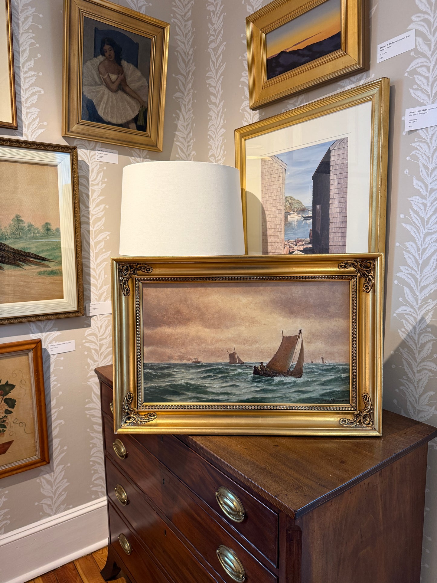 Johan Neumann Boats Crossing Seascape Oil Painting in Gold Frame