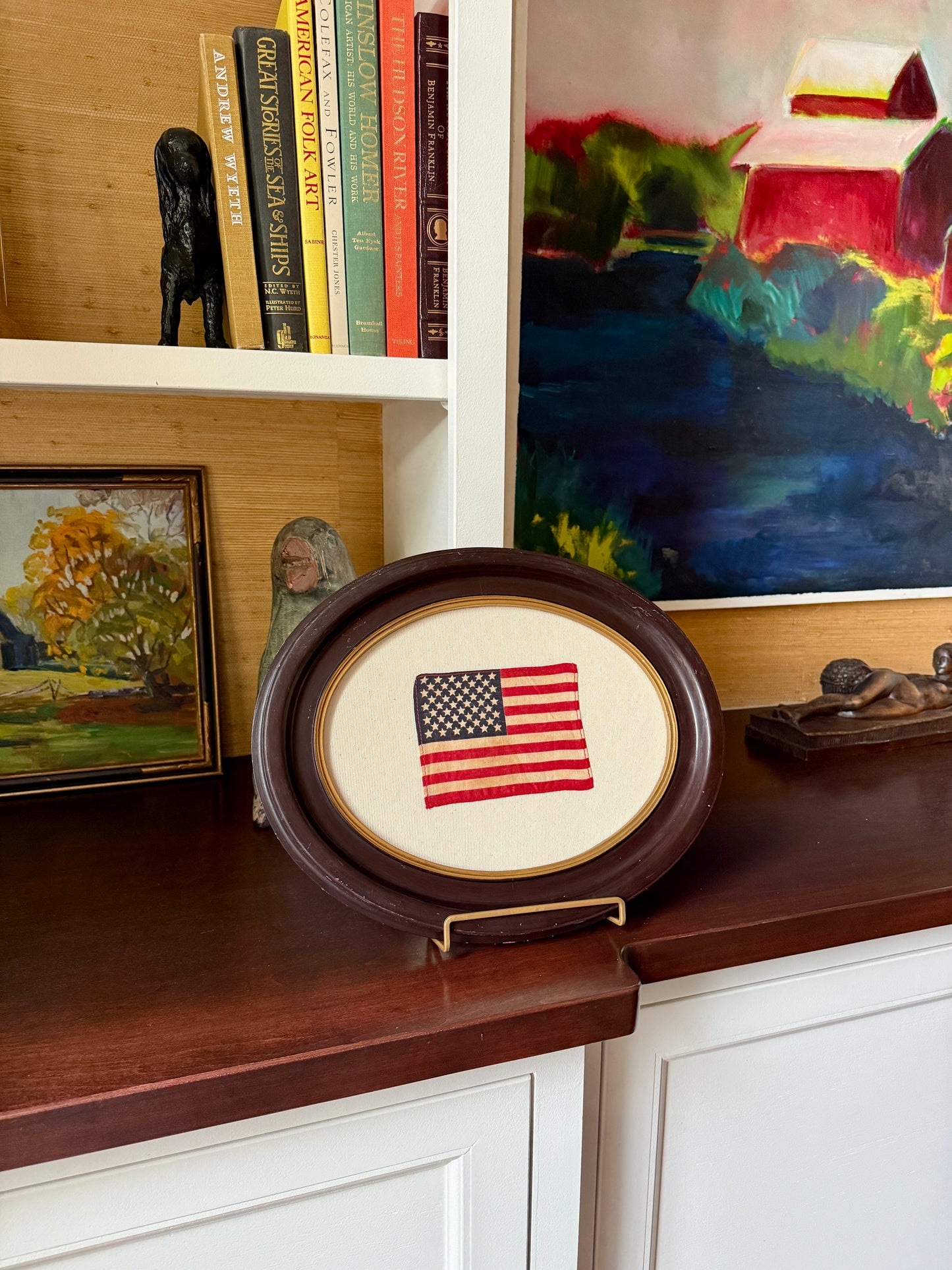 Old 50 Star American Parade Flag on Ivory Twill in Antique Oval Wood Frame