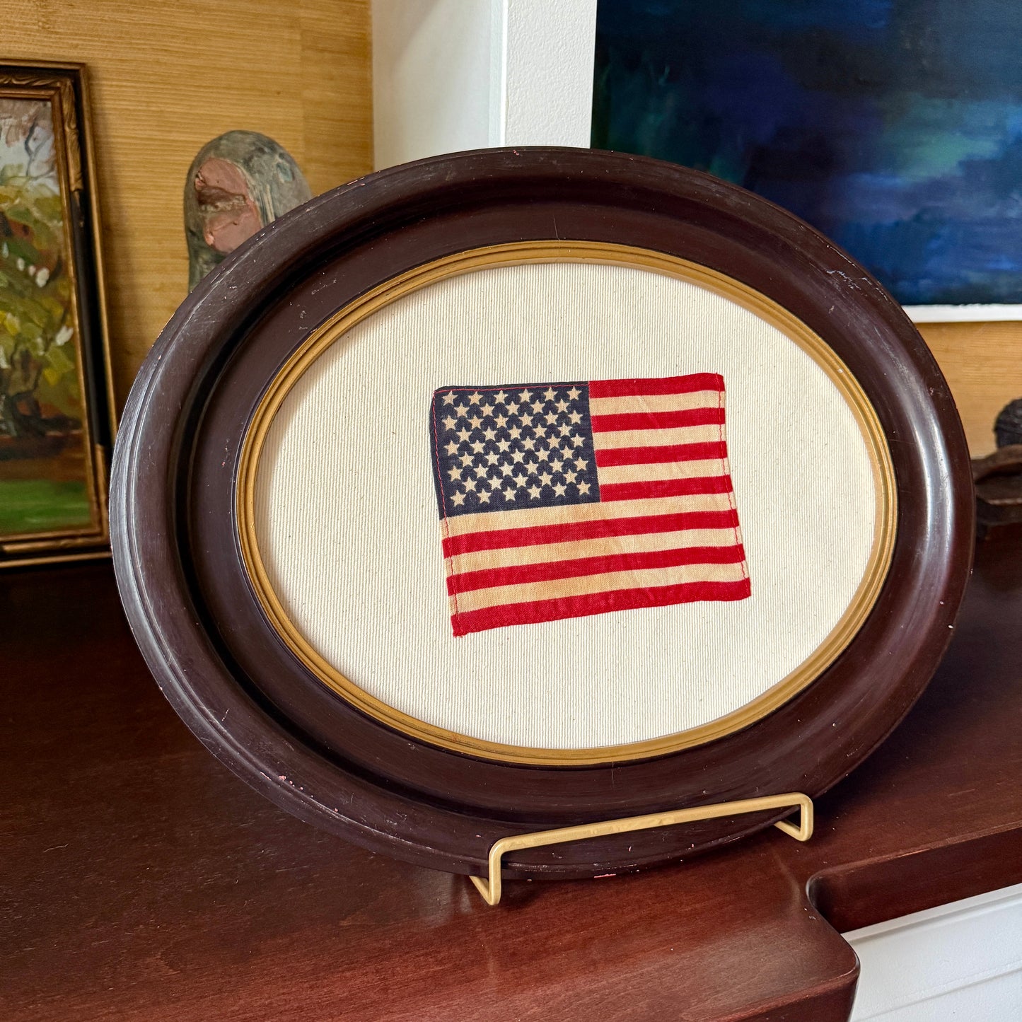 Old 50 Star American Parade Flag on Ivory Twill in Antique Oval Wood Frame