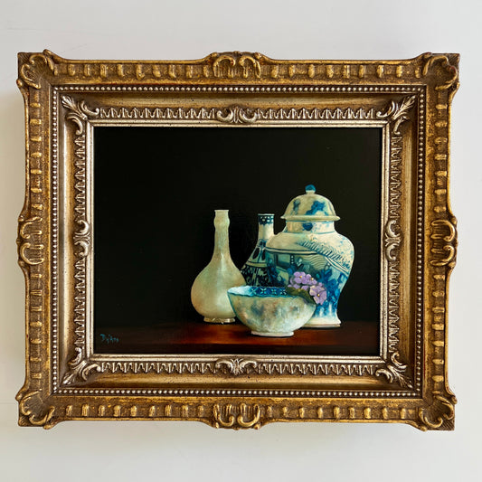 Judy Dy'ans Still Life Blue White Chinoiserie Oil Painting in Ornate Gold Frame
