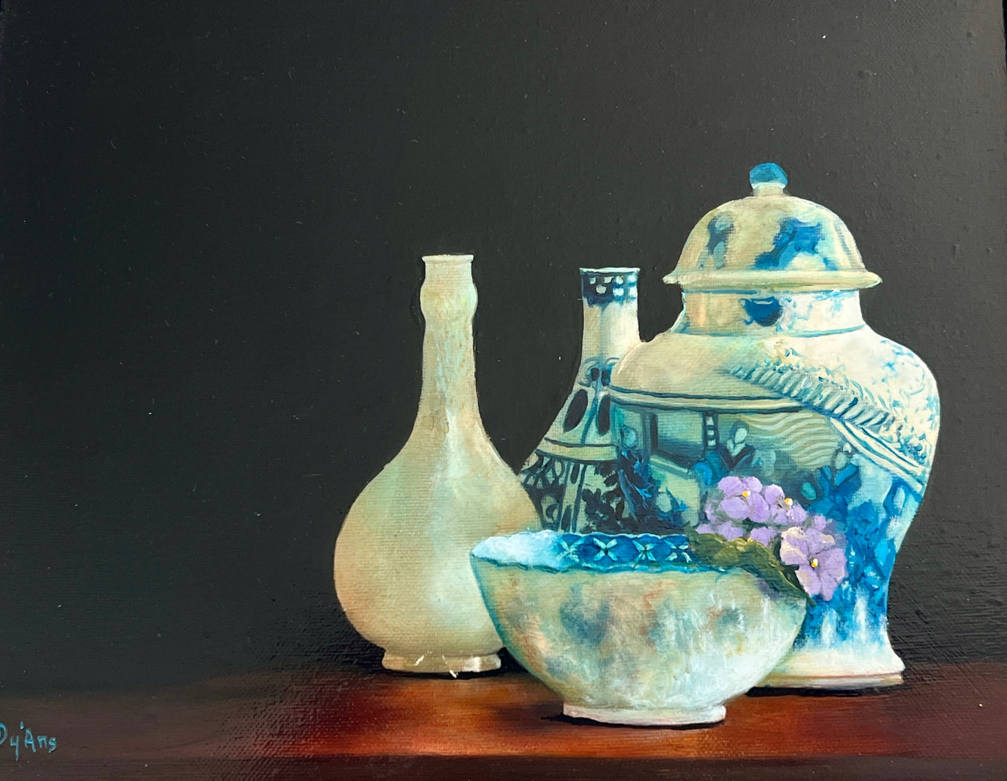 Judy Dy'ans Still Life Blue White Chinoiserie Oil Painting in Ornate Gold Frame