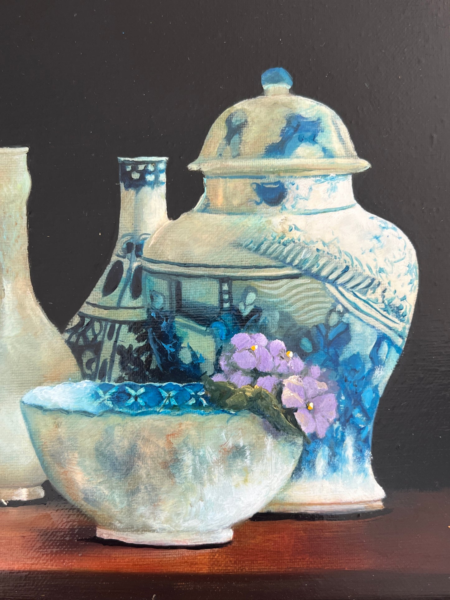 Judy Dy'ans Still Life Blue White Chinoiserie Oil Painting in Ornate Gold Frame
