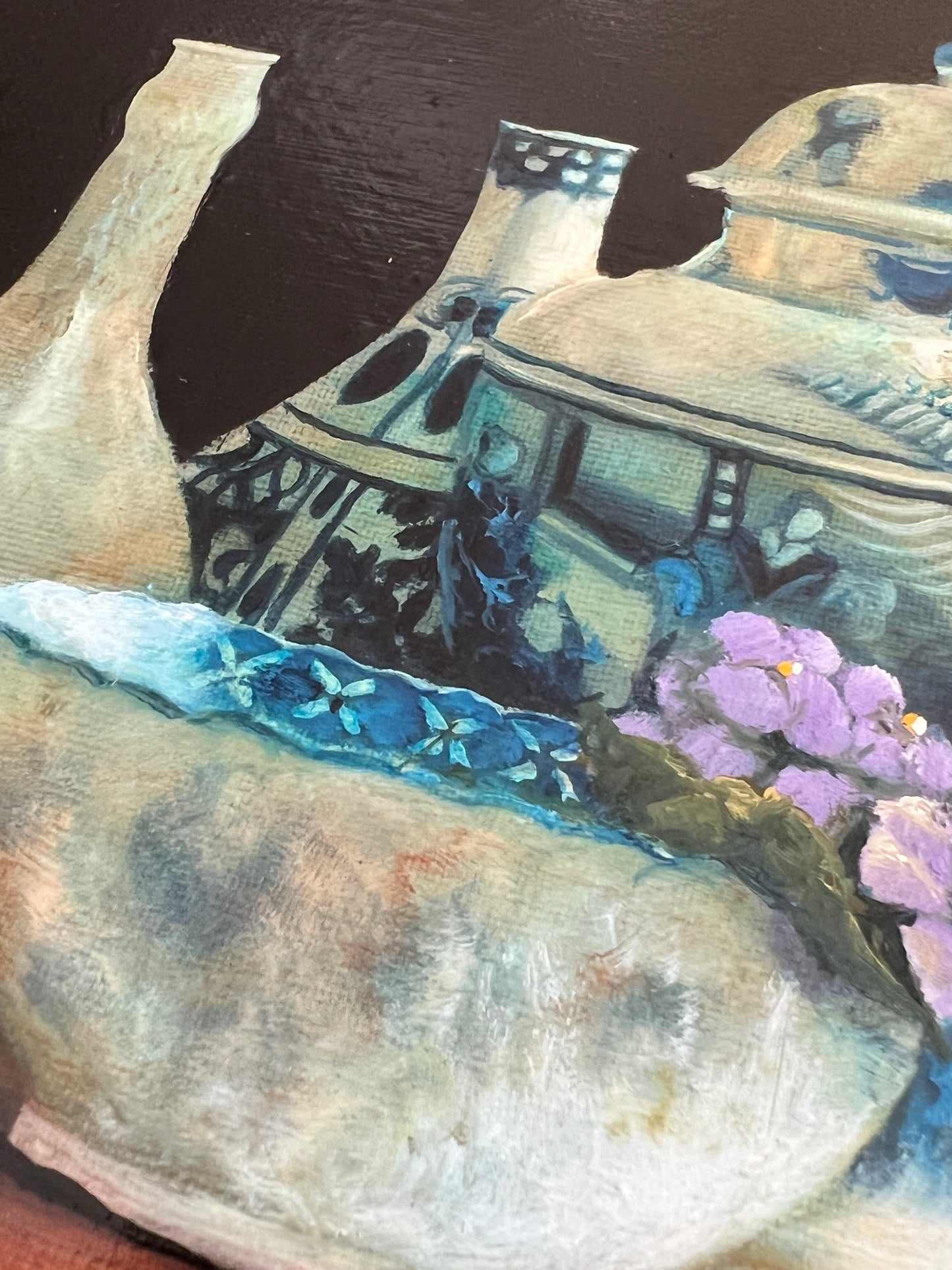 Judy Dy'ans Still Life Blue White Chinoiserie Oil Painting in Ornate Gold Frame