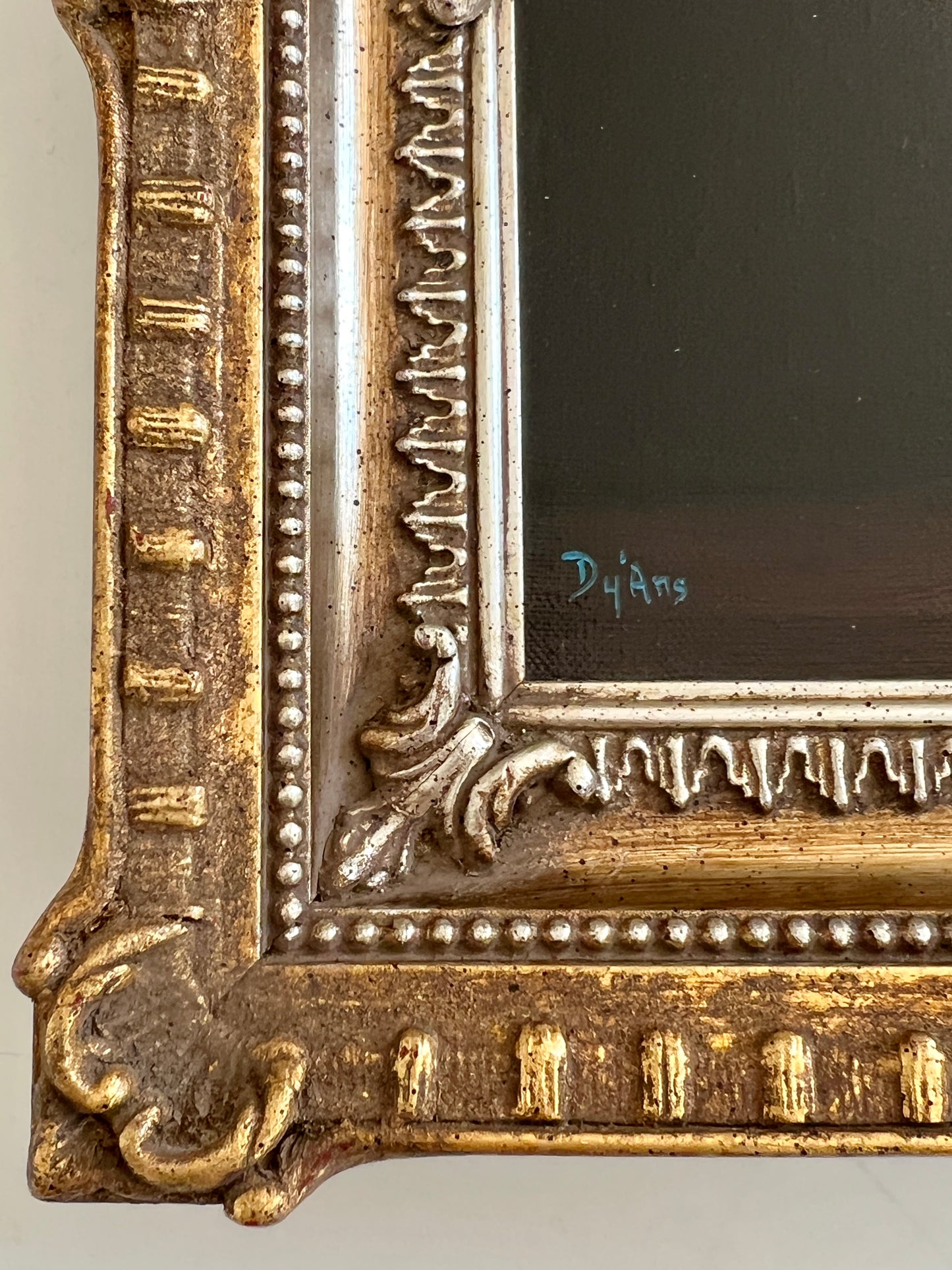 Judy Dy'ans Still Life Blue White Chinoiserie Oil Painting in Ornate Gold Frame
