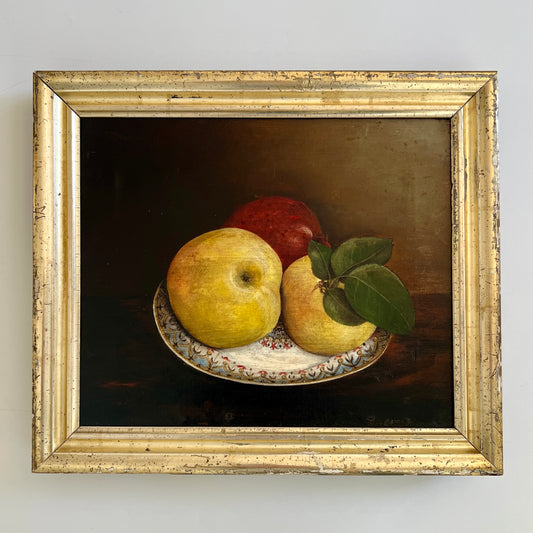 19th Century Still Life Fruit on Plate Oil Painting in Lemon Gold Frame