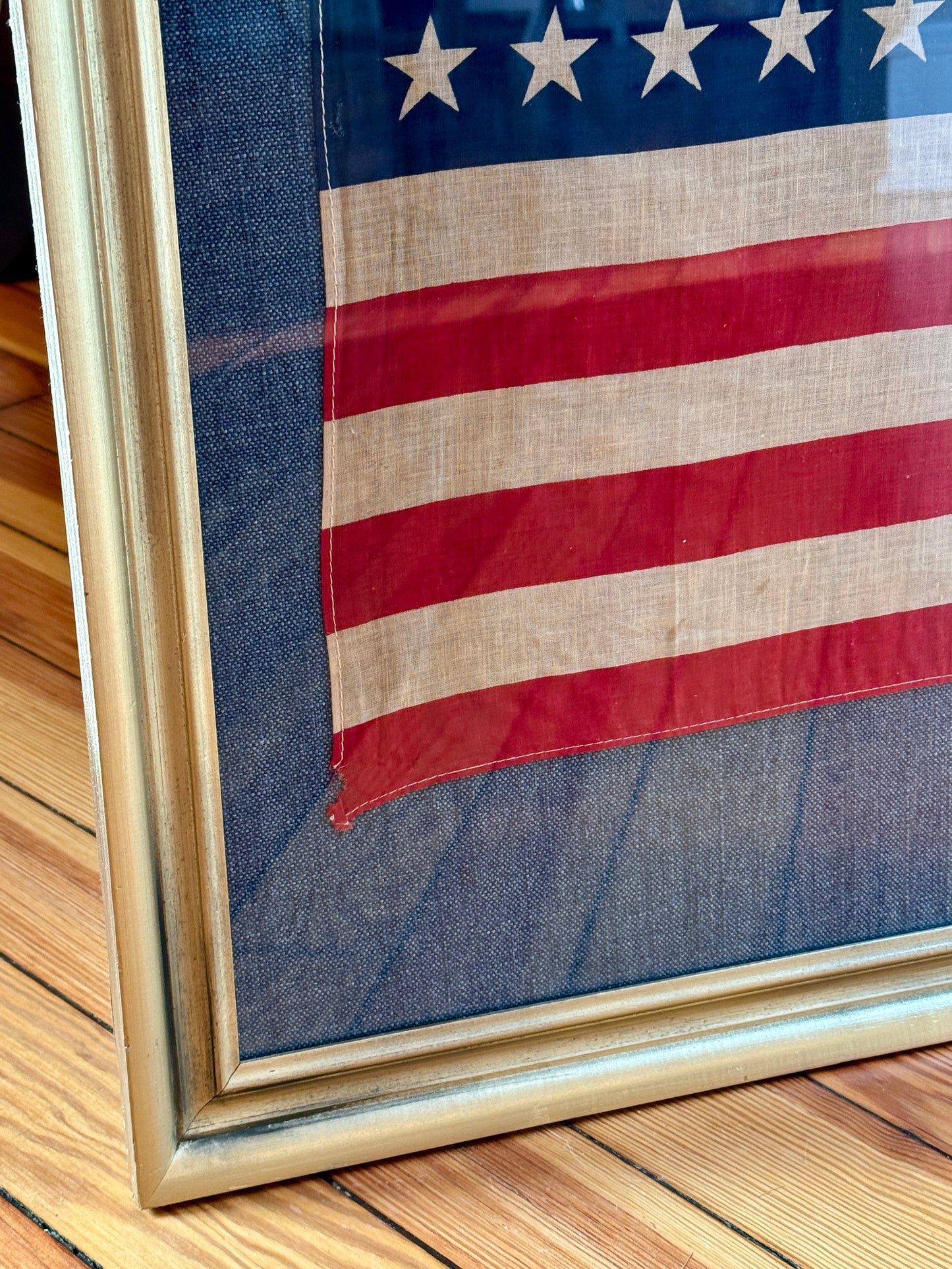 Extra Large 48 Star American Flag on Dark Chambray in Gold Frame