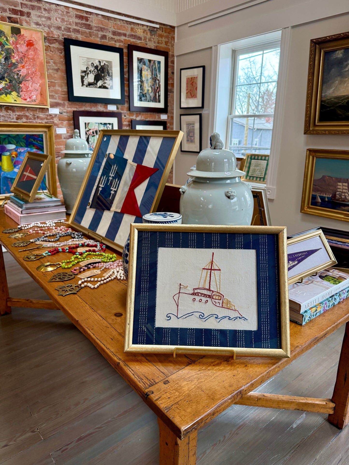 Tugboat Vintage Redwork Embroidery on Navy Stitched Stripes in Gold Frame