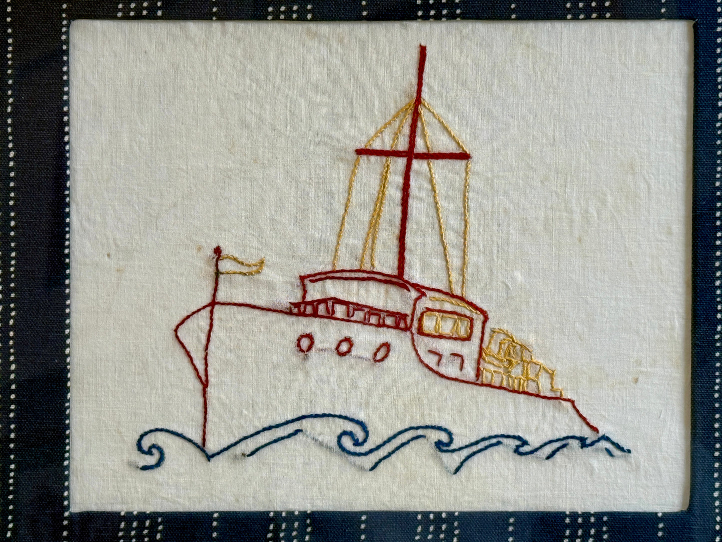Tugboat Vintage Redwork Embroidery on Navy Stitched Stripes in Gold Frame
