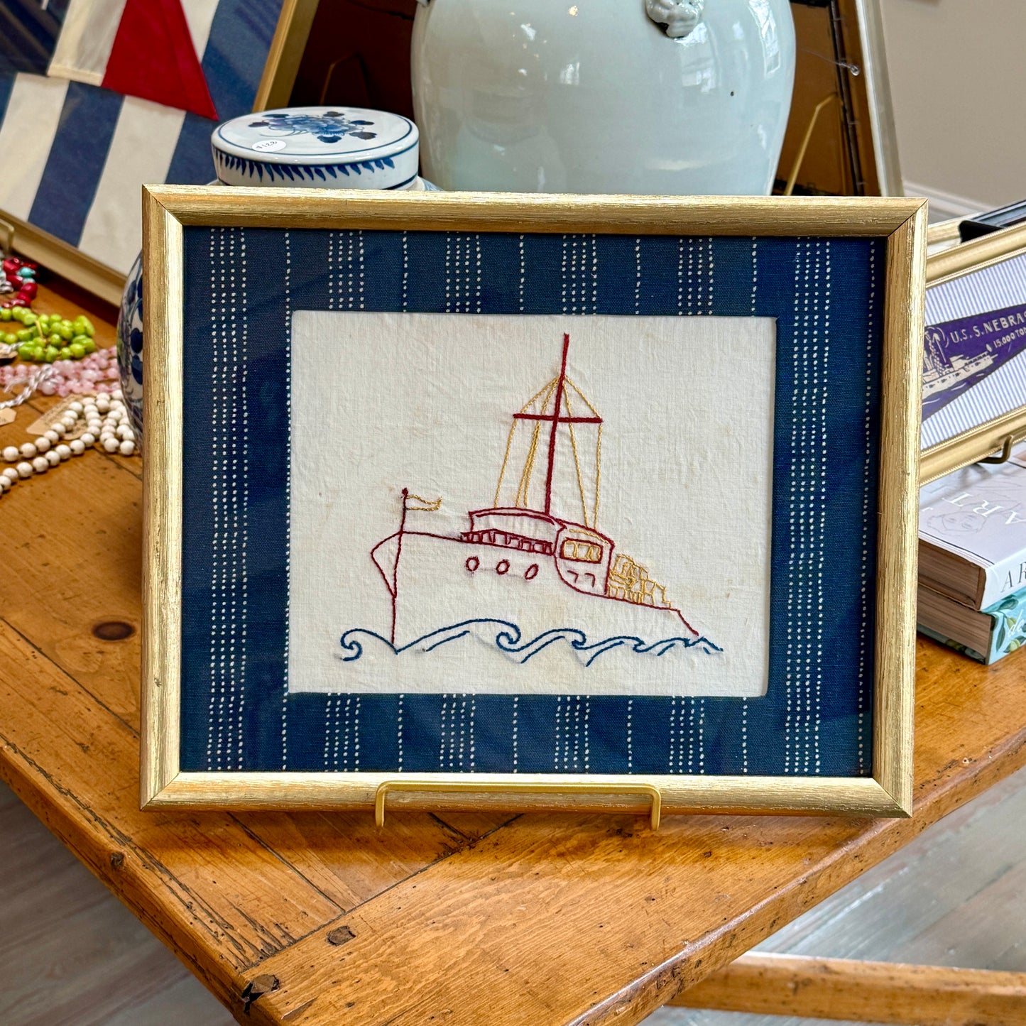 Tugboat Vintage Redwork Embroidery on Navy Stitched Stripes in Gold Frame