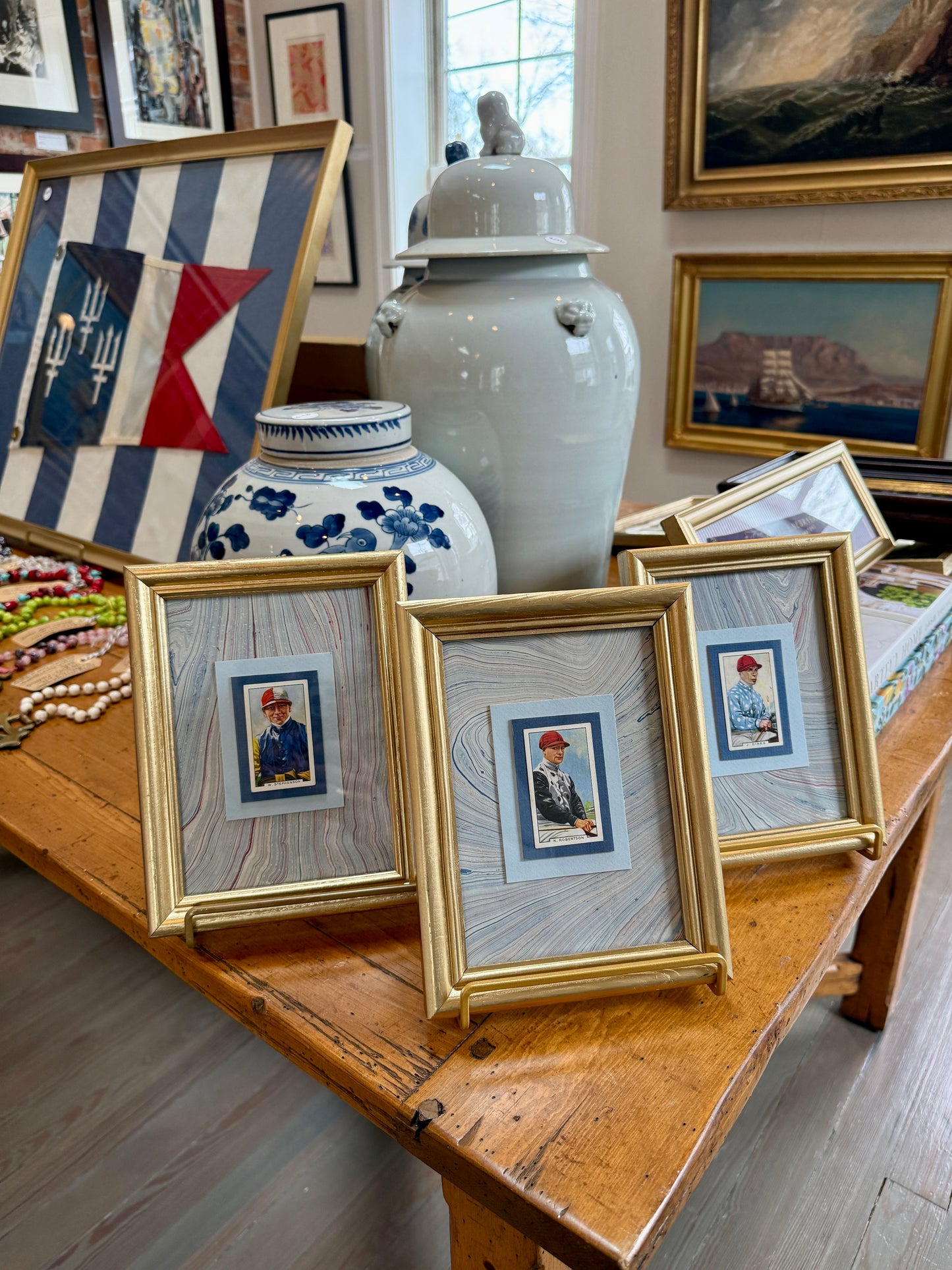 Set of 3 1936 Jockey Tobacco Cards on Blue Hand Marbled Mount in Gold Frames