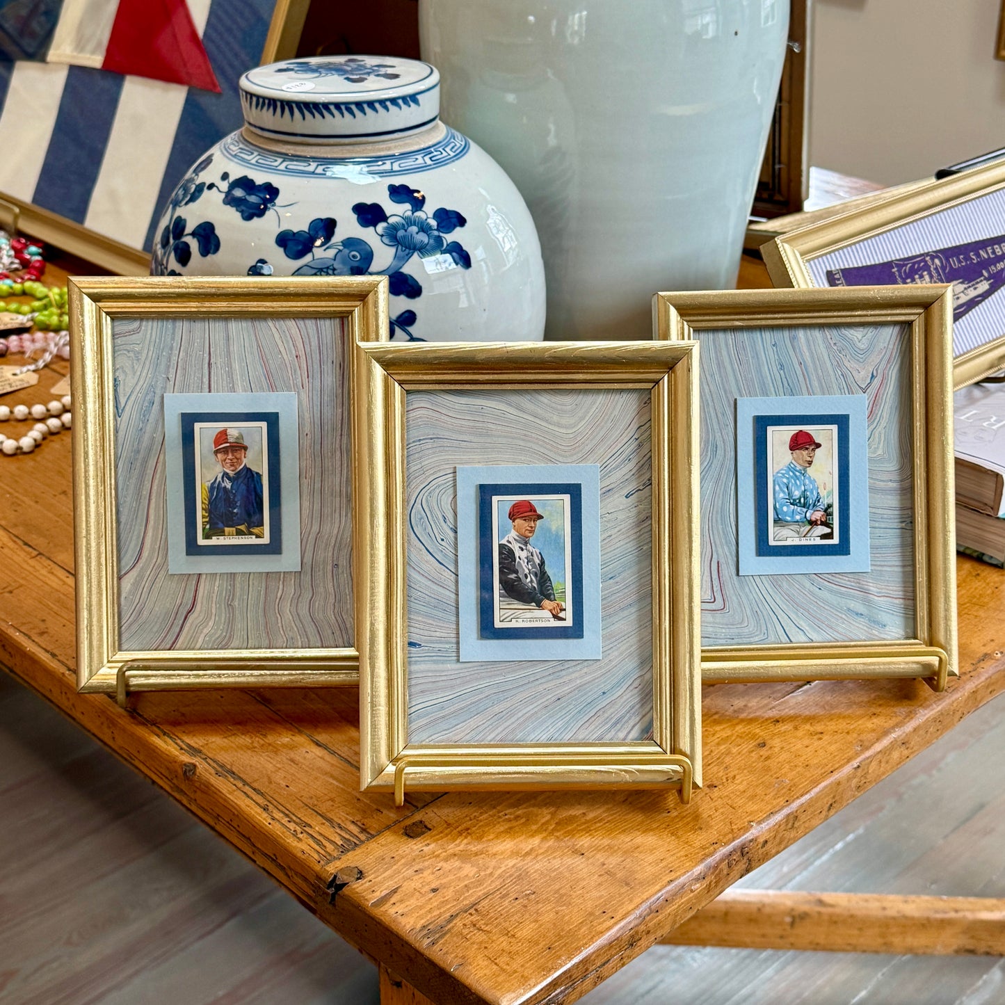 Set of 3 1936 Jockey Tobacco Cards on Blue Hand Marbled Mount in Gold Frames