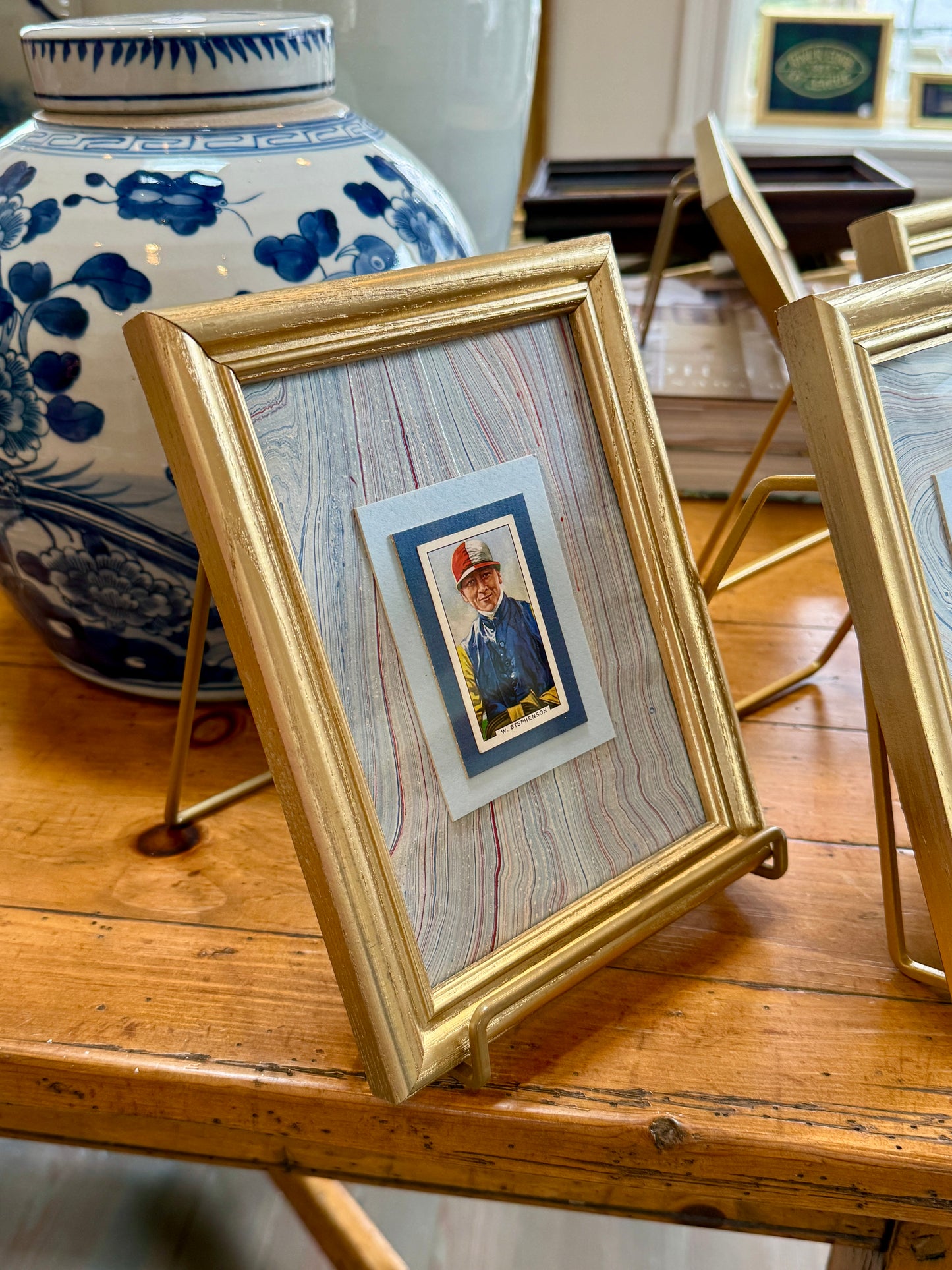 Set of 3 1936 Jockey Tobacco Cards on Blue Hand Marbled Mount in Gold Frames