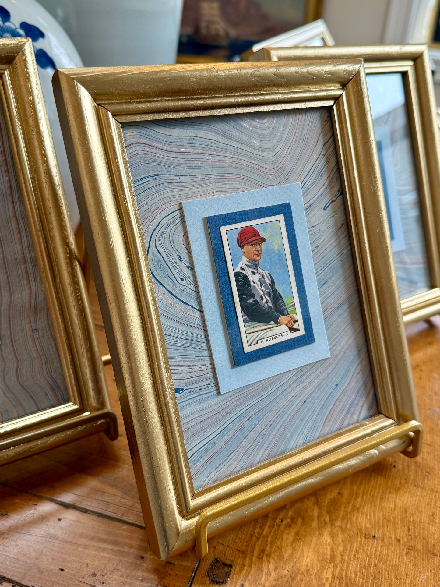 Set of 3 1936 Jockey Tobacco Cards on Blue Hand Marbled Mount in Gold Frames