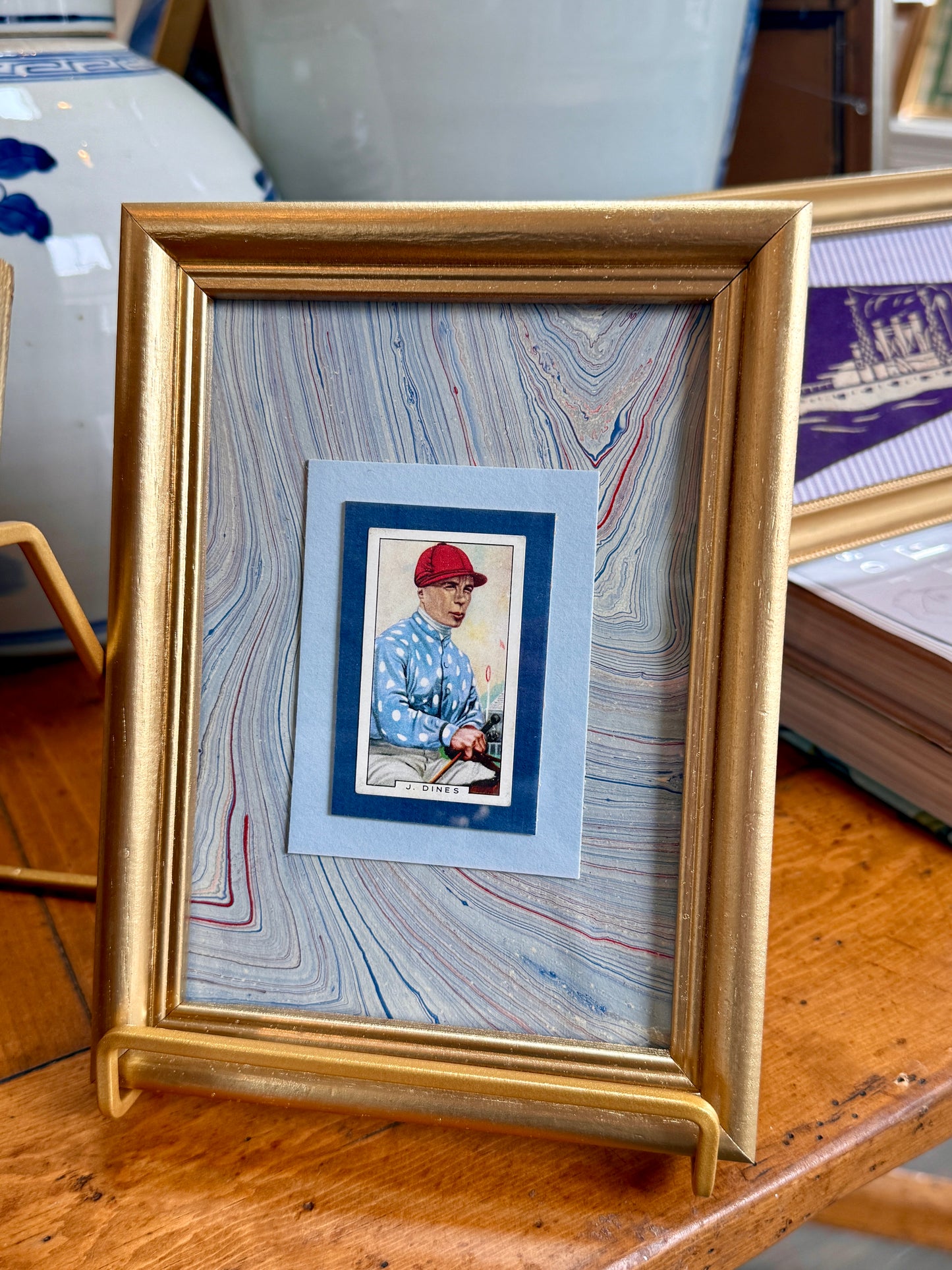 Set of 3 1936 Jockey Tobacco Cards on Blue Hand Marbled Mount in Gold Frames