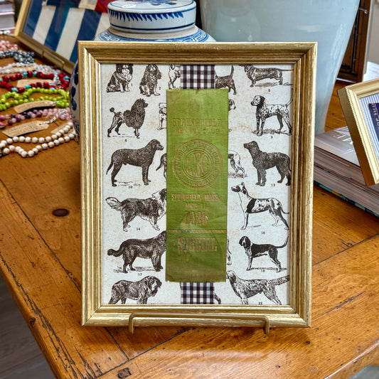 1925 American Kennel Club Dog Show Green Ribbon on Brown Gingham in Gold Frame