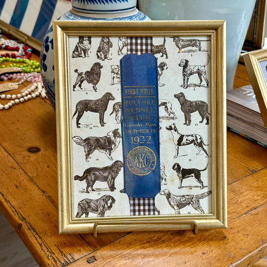 1932 American Kennel Club Dog Show Blue Ribbon on Brown Gingham in Gold Frame