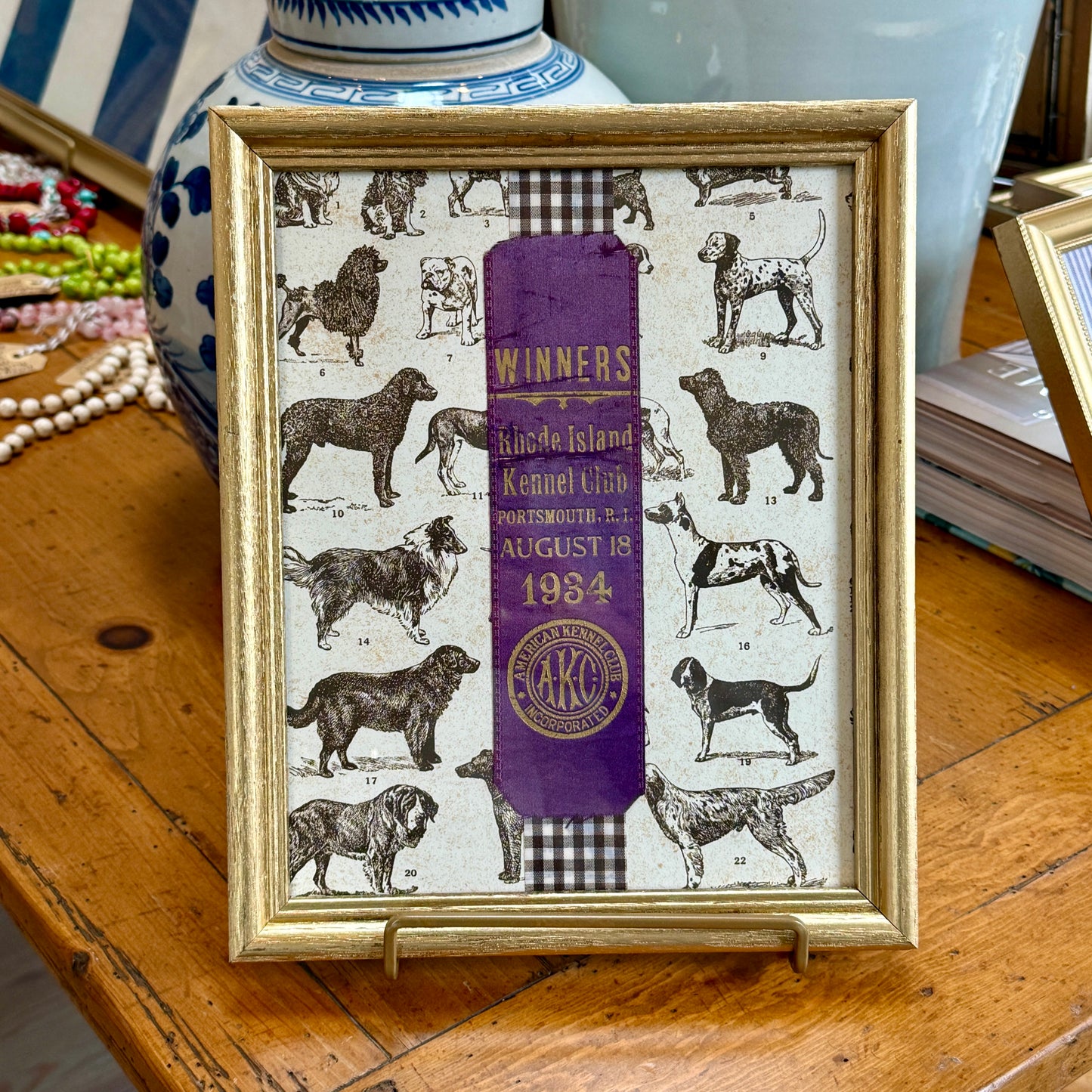 1934 American Kennel Club Dog Show Purple Ribbon on Brown Gingham in Gold Frame