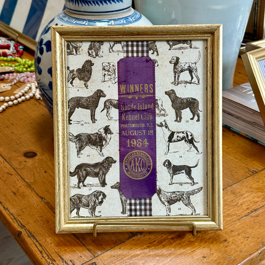 1934 American Kennel Club Dog Show Purple Ribbon on Brown Gingham in Gold Frame