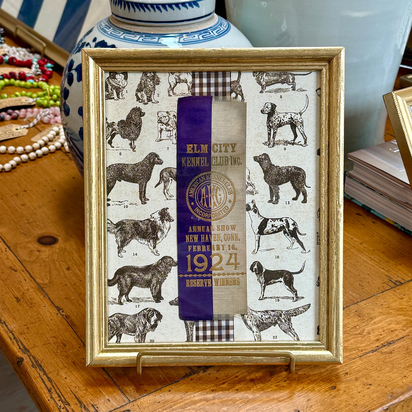 1924 American Kennel Club Dog Show Purple Ribbon on Brown Gingham in Gold Frame