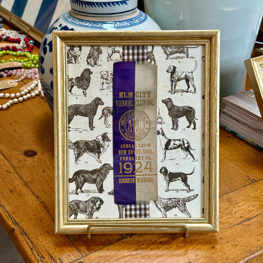 1924 American Kennel Club Dog Show Purple Ribbon on Brown Gingham in Gold Frame