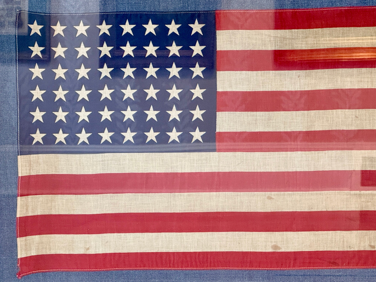 Extra Large 48 Star American Flag on Dark Chambray in Gold Frame