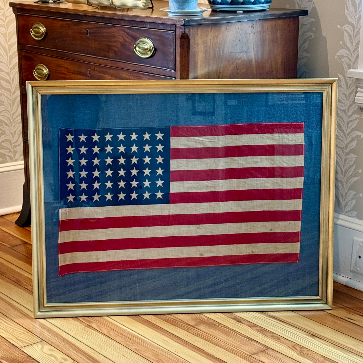 Extra Large 48 Star American Flag on Dark Chambray in Gold Frame