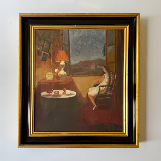 Quiet Summer Night Girl in Lamplit Interior Vintage Oil Painting in Black and Gold Frame