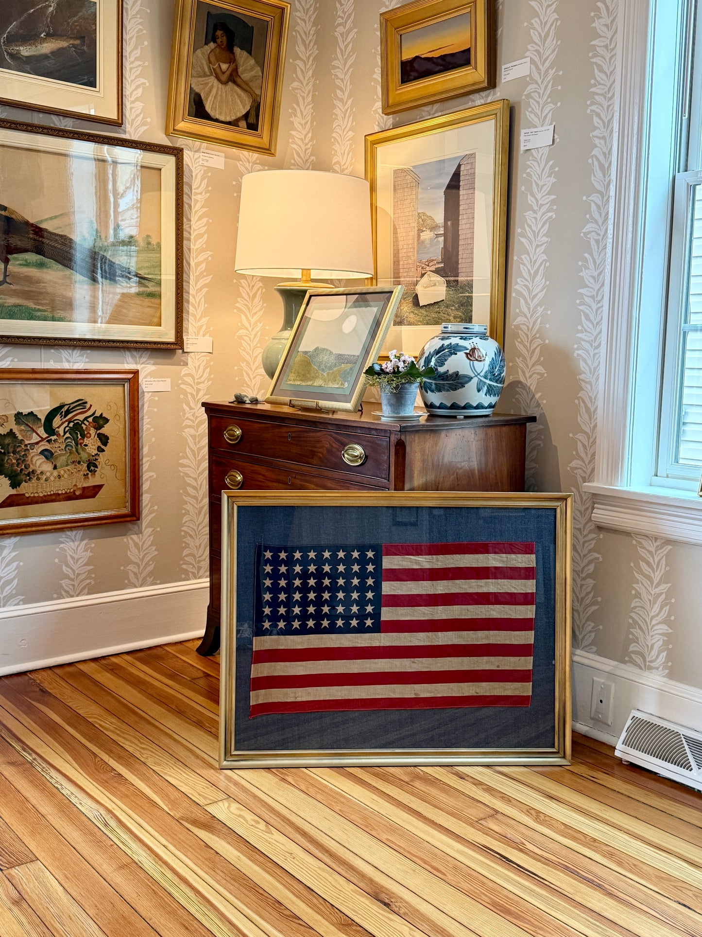Extra Large 48 Star American Flag on Dark Chambray in Gold Frame