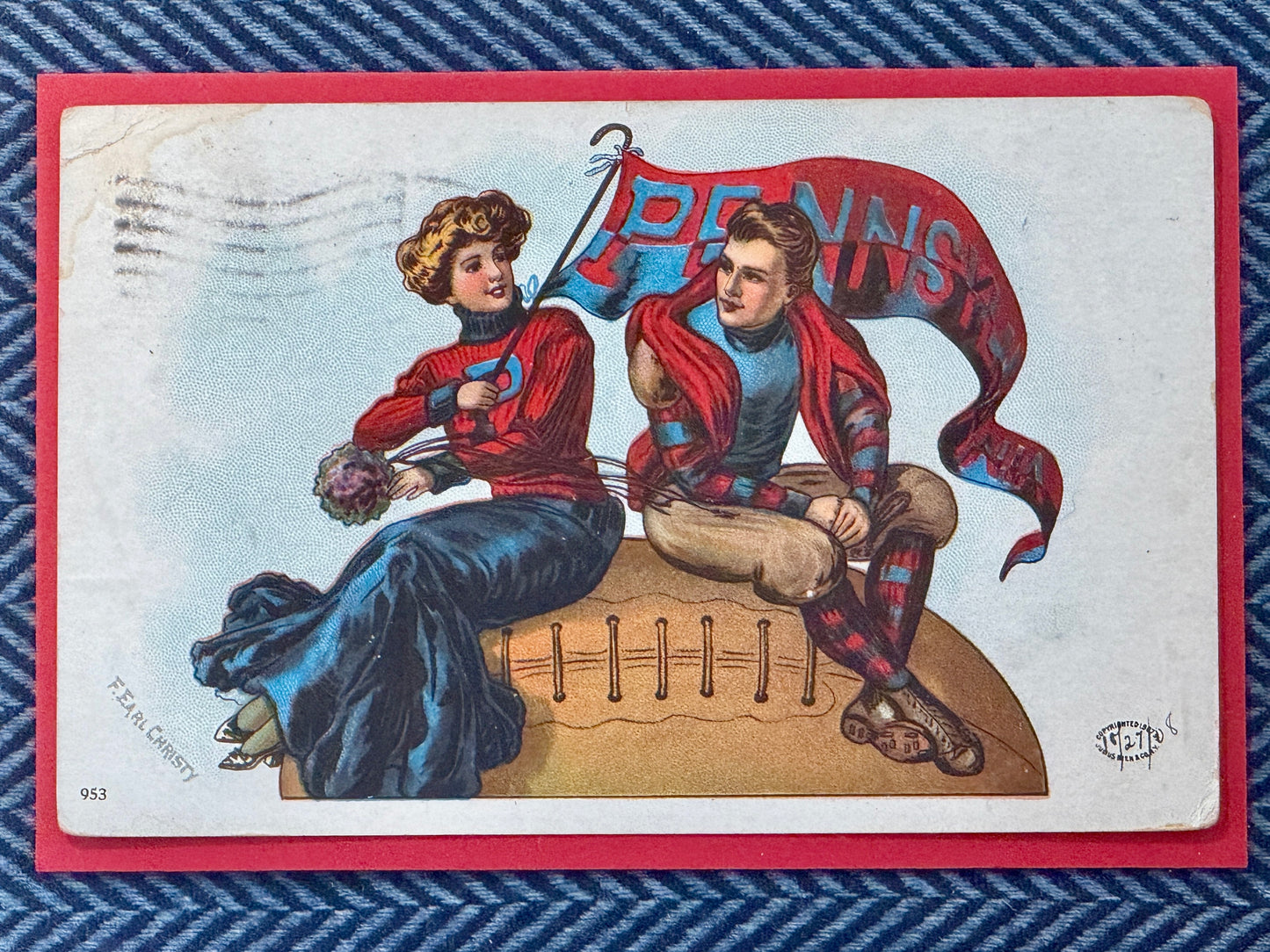 1908 University of Pennsylvania Postcard on Ralph Lauren Navy Herringbone in Gold Frame