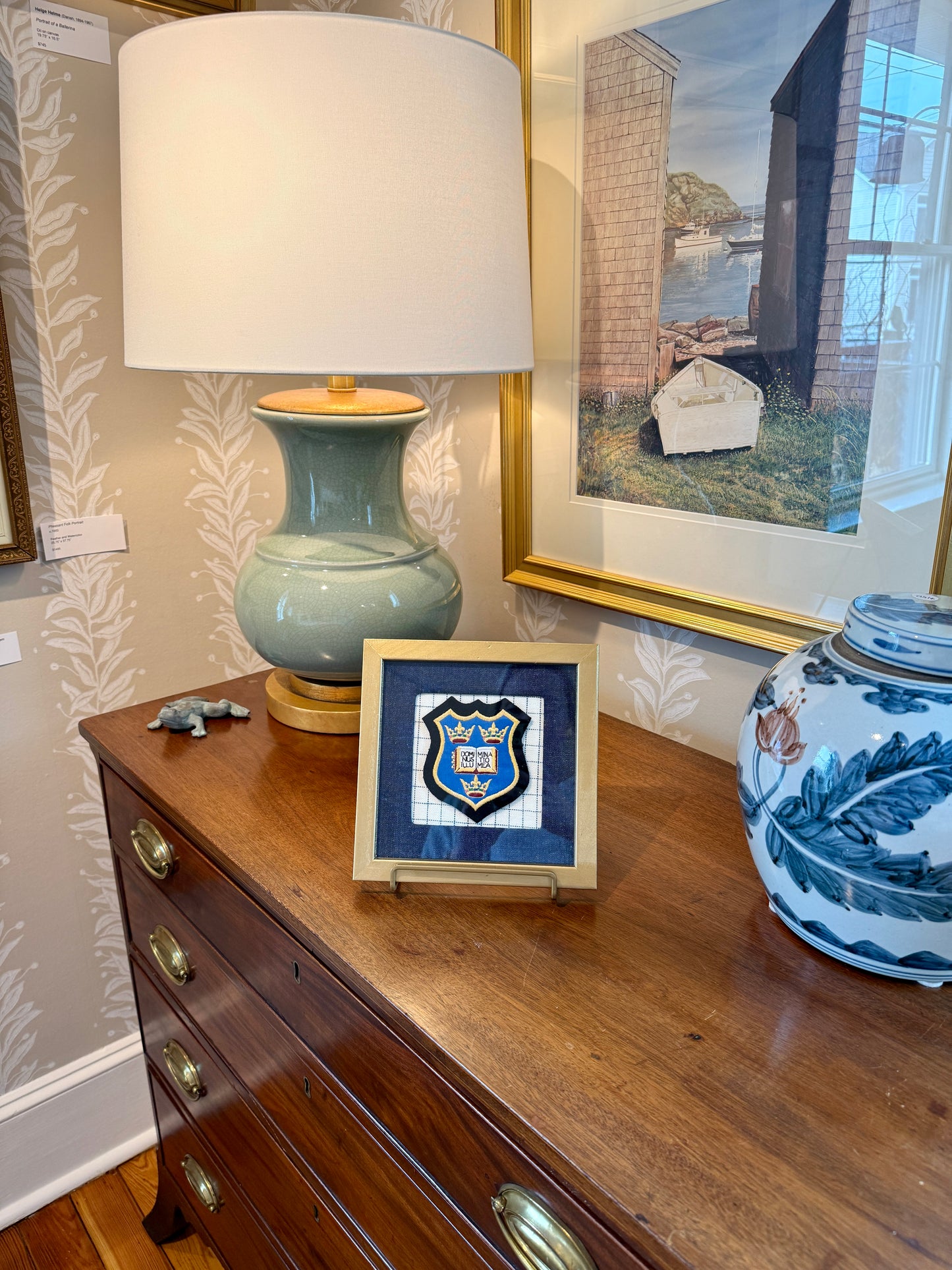 Vintage Oxfxord University Crest on Dark Chambray and Windowpane in Gold Frame