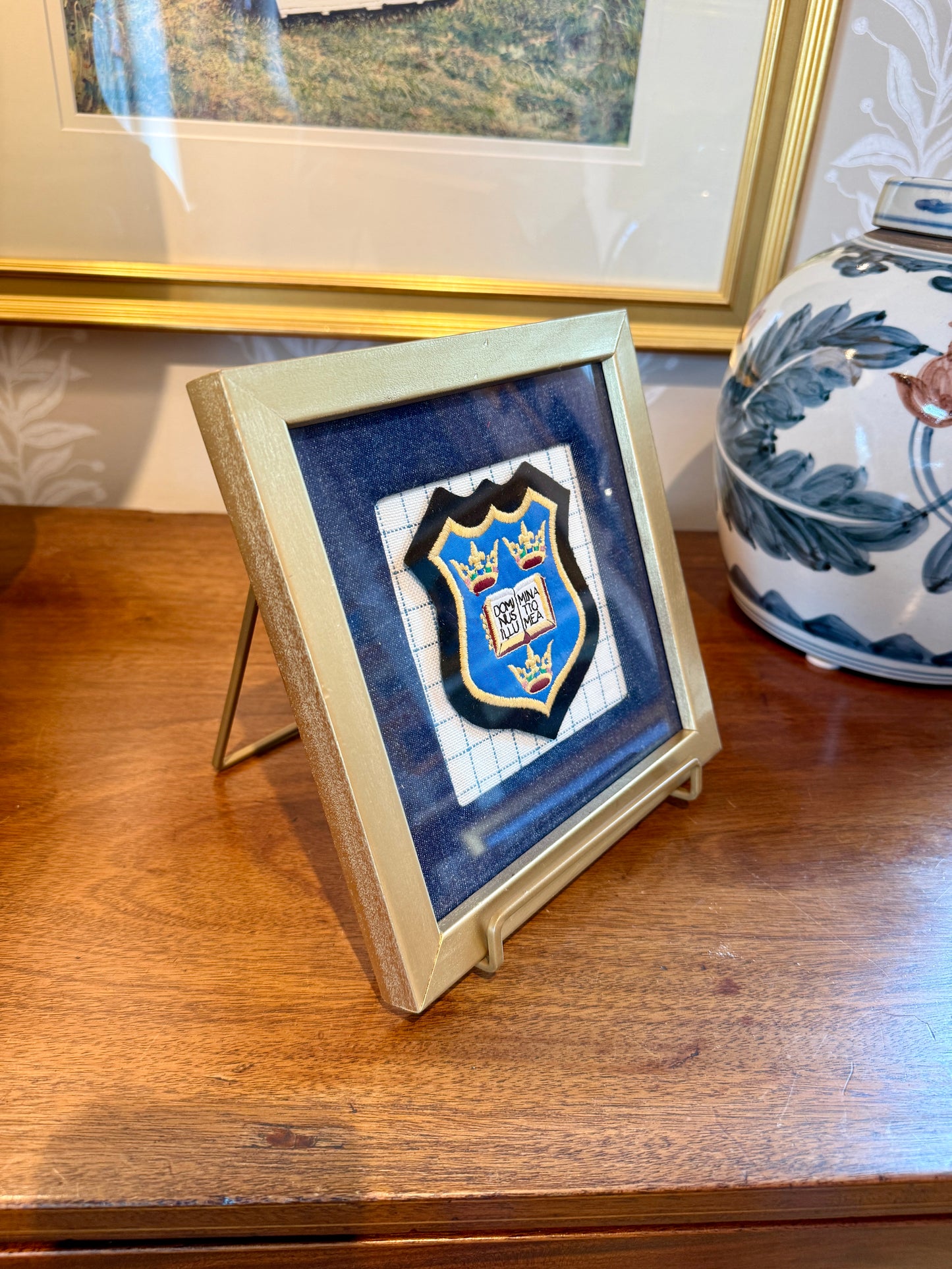 Vintage Oxfxord University Crest on Dark Chambray and Windowpane in Gold Frame