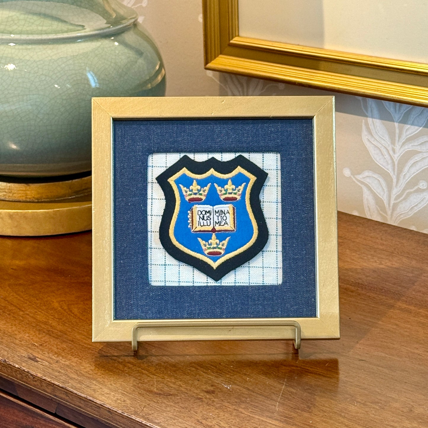 Vintage Oxfxord University Crest on Dark Chambray and Windowpane in Gold Frame