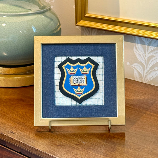 Vintage Oxfxord University Crest on Dark Chambray and Windowpane in Gold Frame