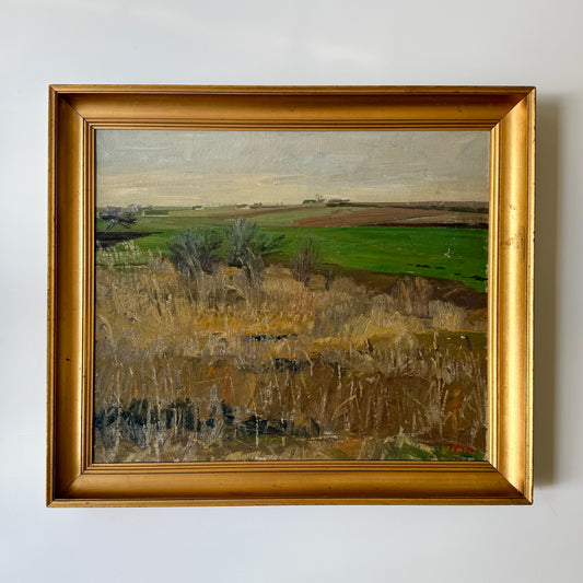 Edvard Sarvig 1930 Modernist Rolling Country Landscape Oil Painting in Gold Frame