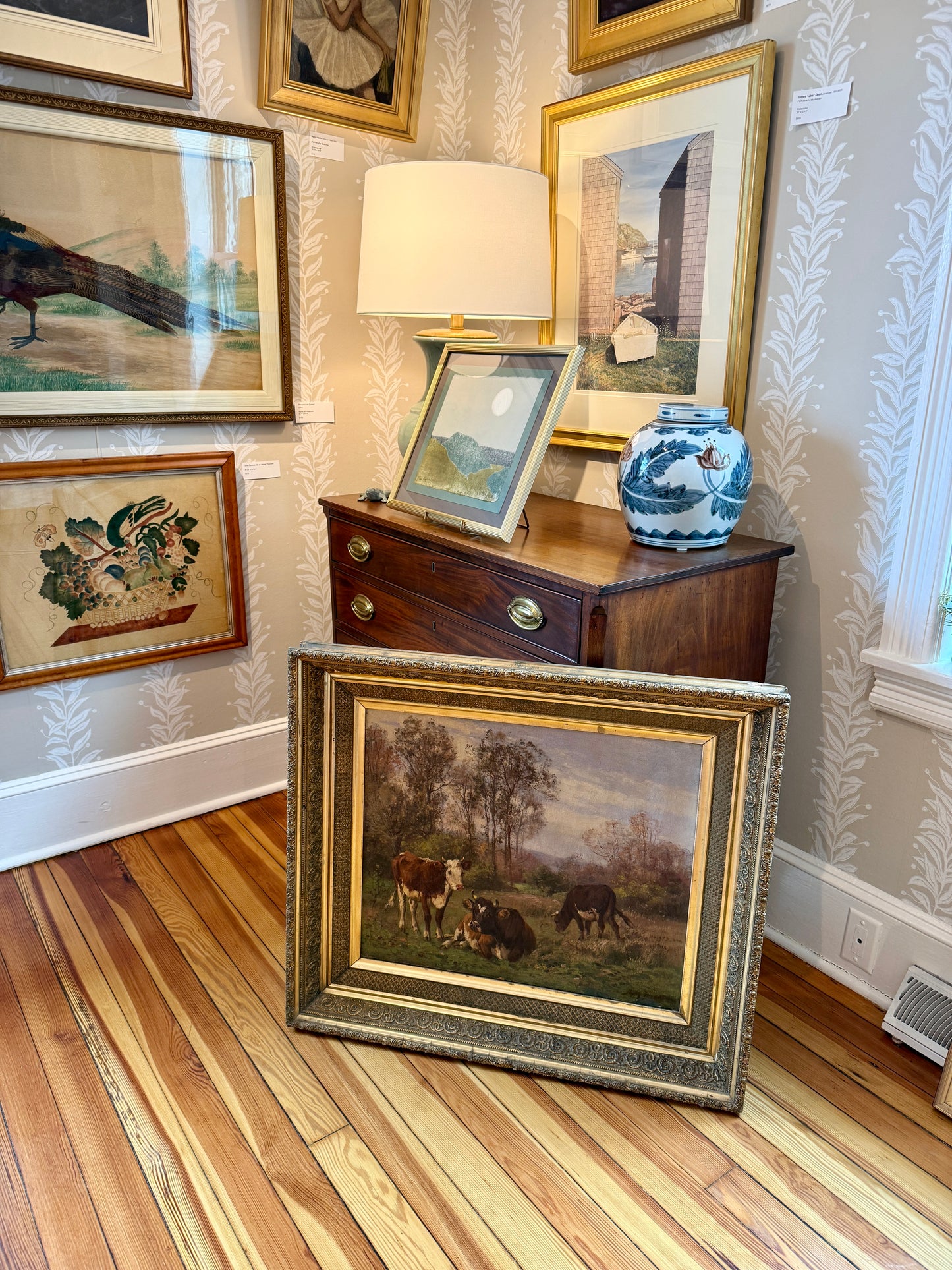 Aymar Pezant Trio of Cows in Pasture 19th Century Oil painting in Ornate Gilded Frame