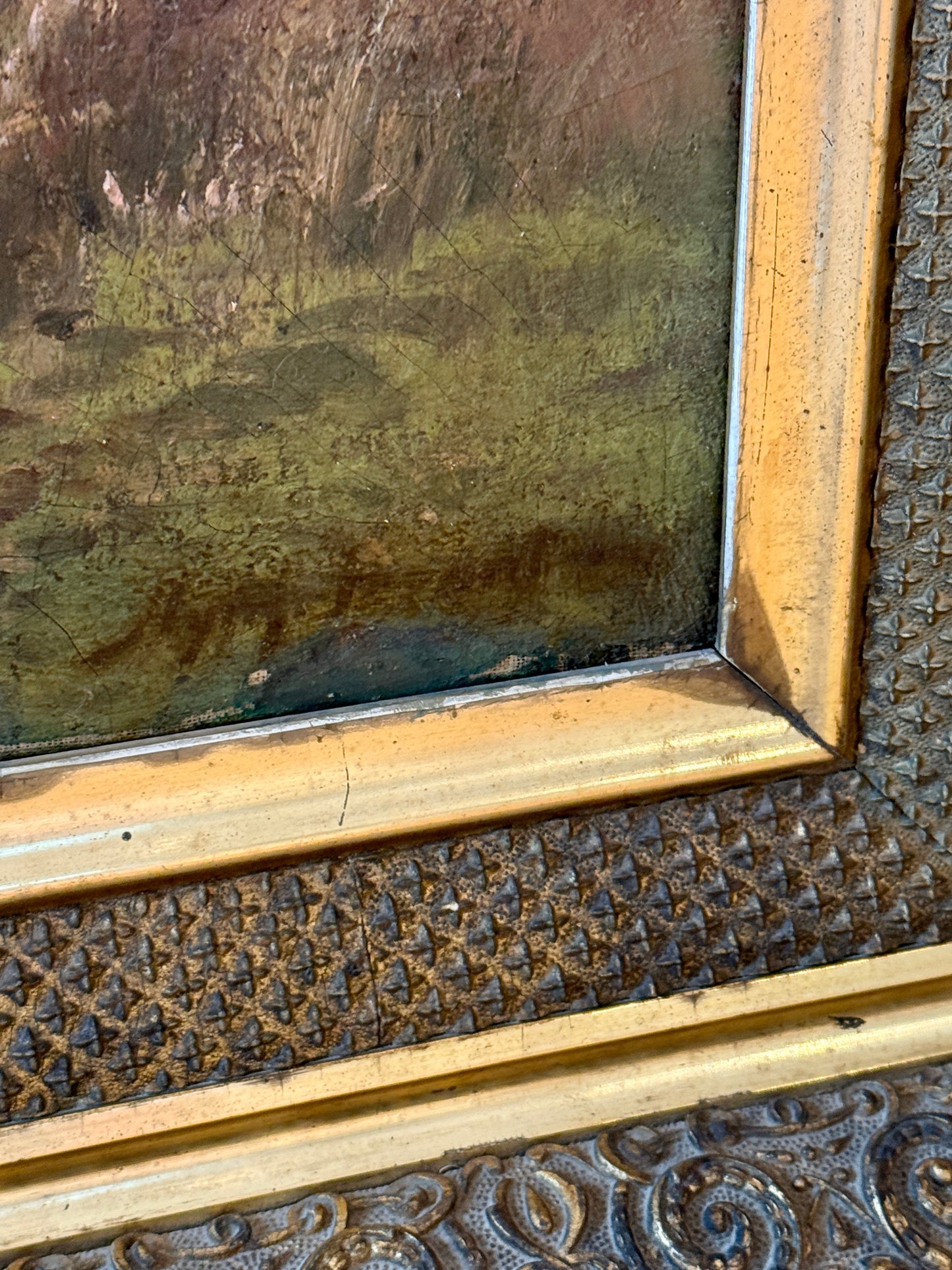 Aymar Pezant Trio of Cows in Pasture 19th Century Oil painting in Ornate Gilded Frame