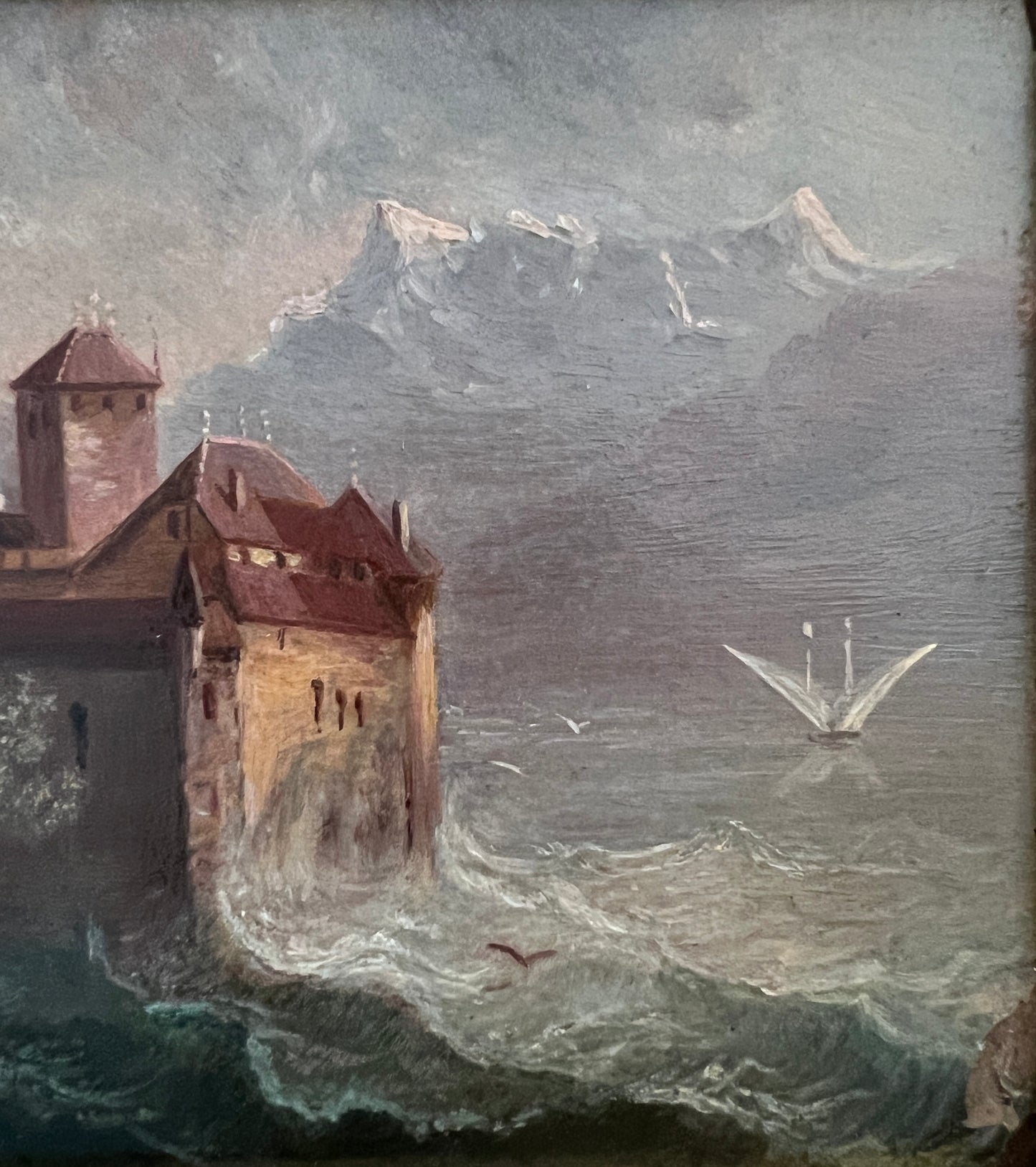 19th Century Continental Seascape Oil Painting in Massive Ornate Gold Frame