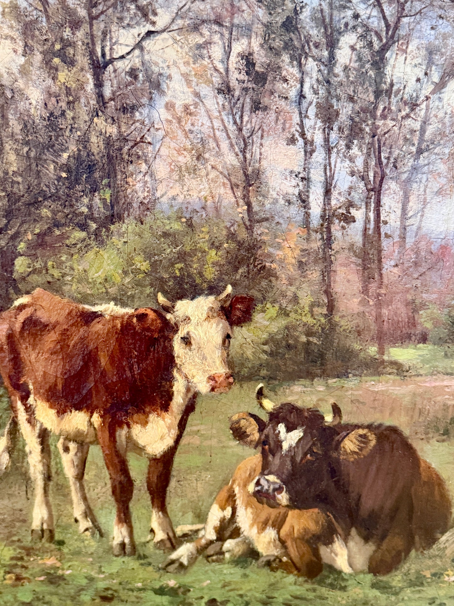 Aymar Pezant Trio of Cows in Pasture 19th Century Oil painting in Ornate Gilded Frame