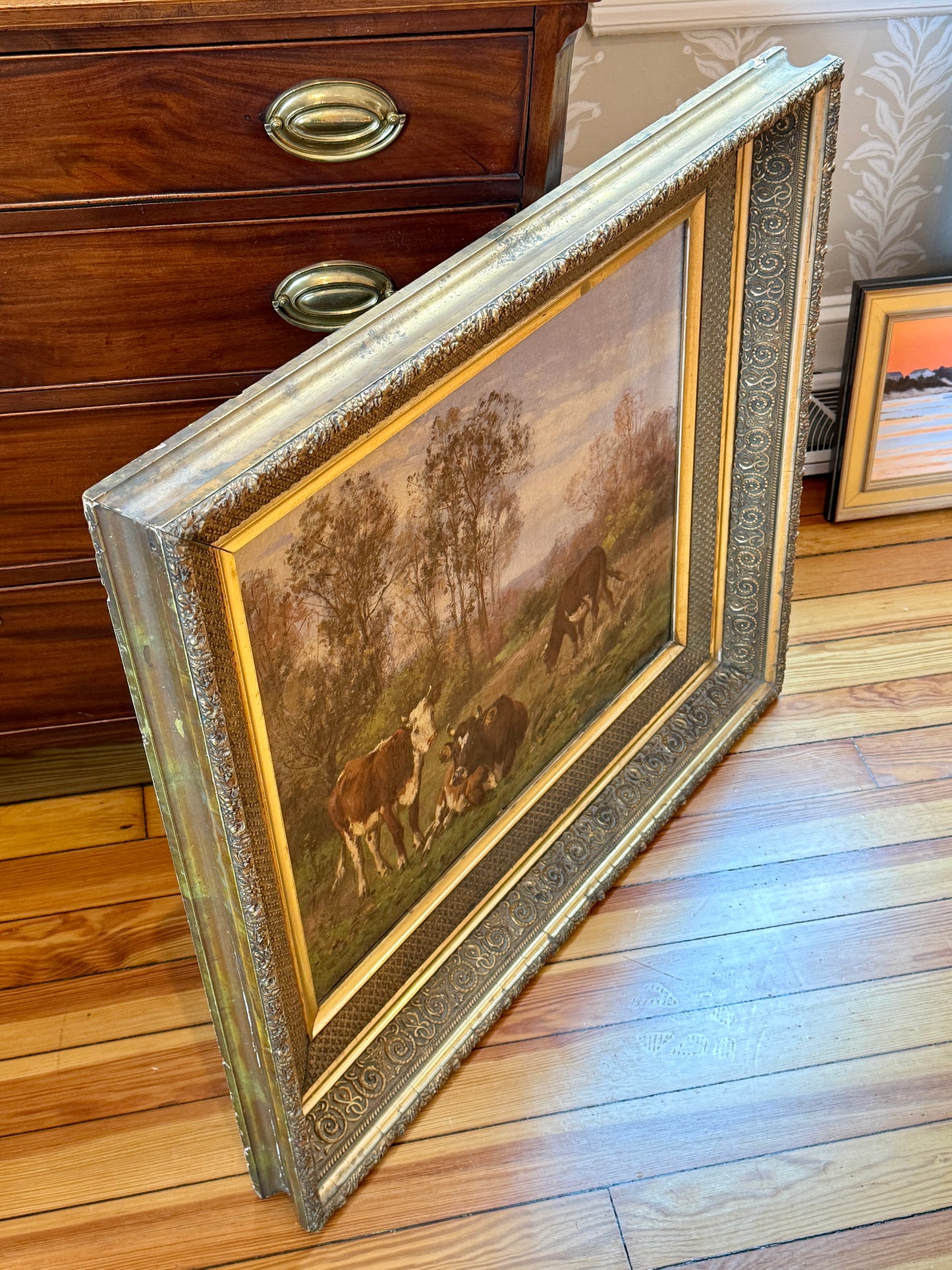 Aymar Pezant Trio of Cows in Pasture 19th Century Oil painting in Ornate Gilded Frame