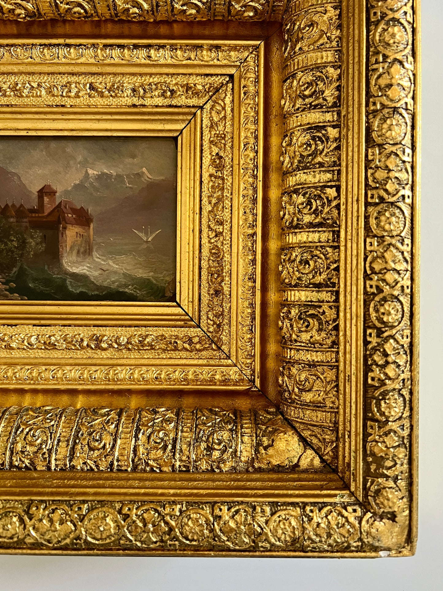 19th Century Continental Seascape Oil Painting in Massive Ornate Gold Frame