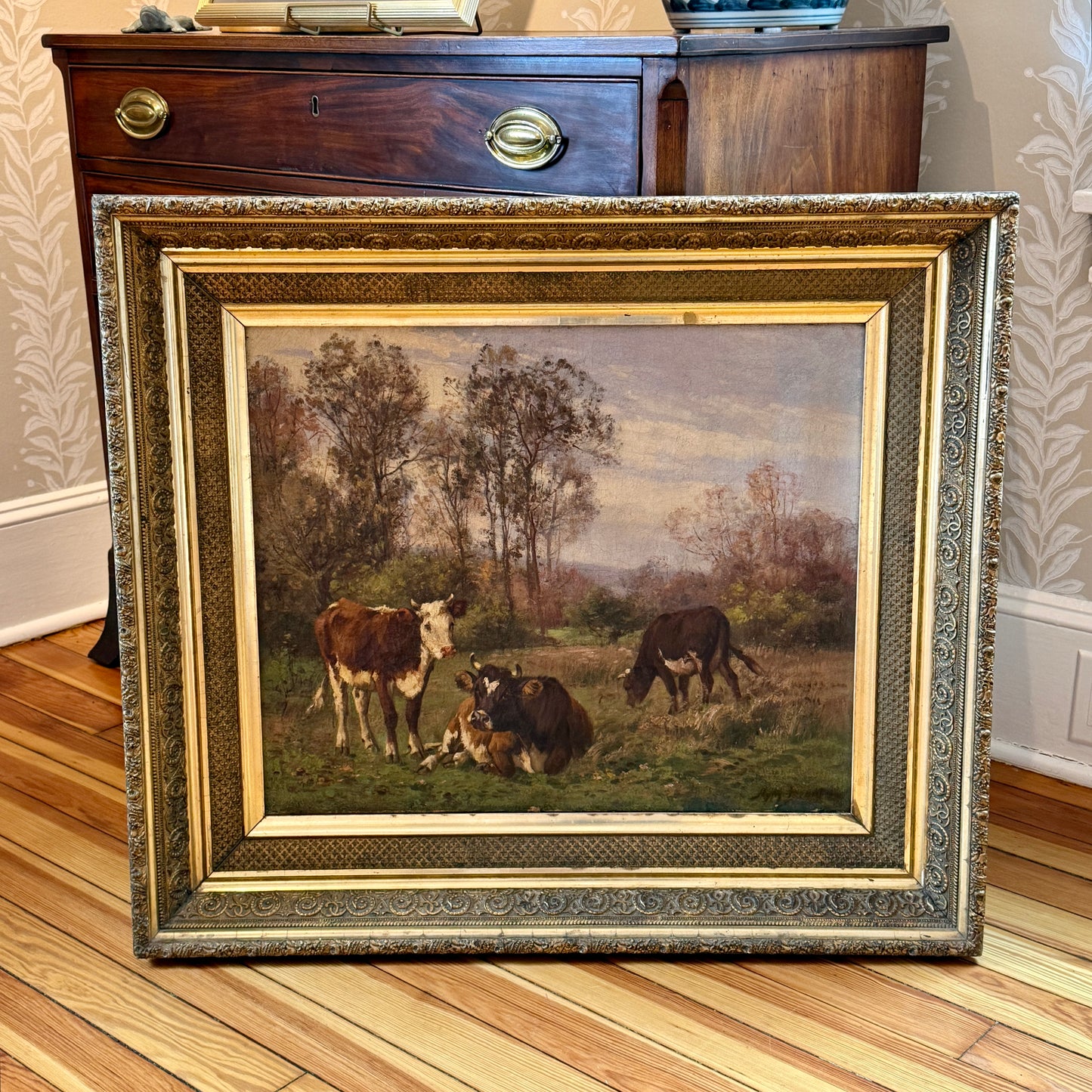 Aymar Pezant Trio of Cows in Pasture 19th Century Oil painting in Ornate Gilded Frame