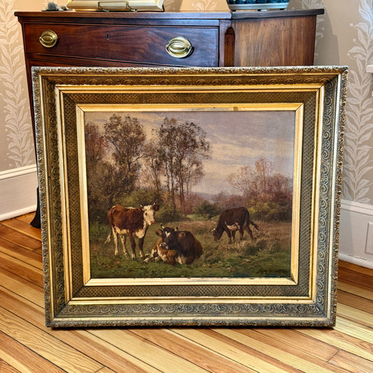 Aymar Pezant Trio of Cows in Pasture 19th Century Oil painting in Ornate Gilded Frame