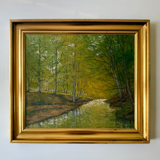 Vintage Calm by the Creek Forest Landscape Oil Painting in Gold Frame