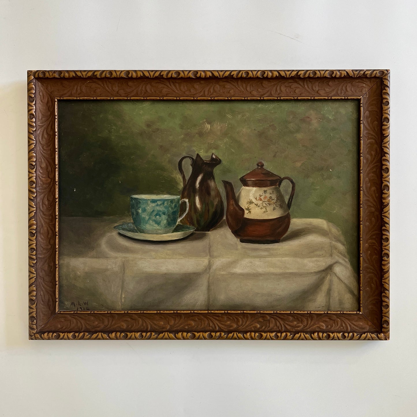 1904 Antique Teapot and Tea Cup Still Life Oil Painting in Carved Frame