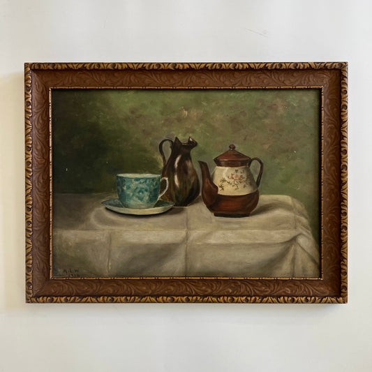 1904 Antique Teapot and Tea Cup Still Life Oil Painting in Carved Frame