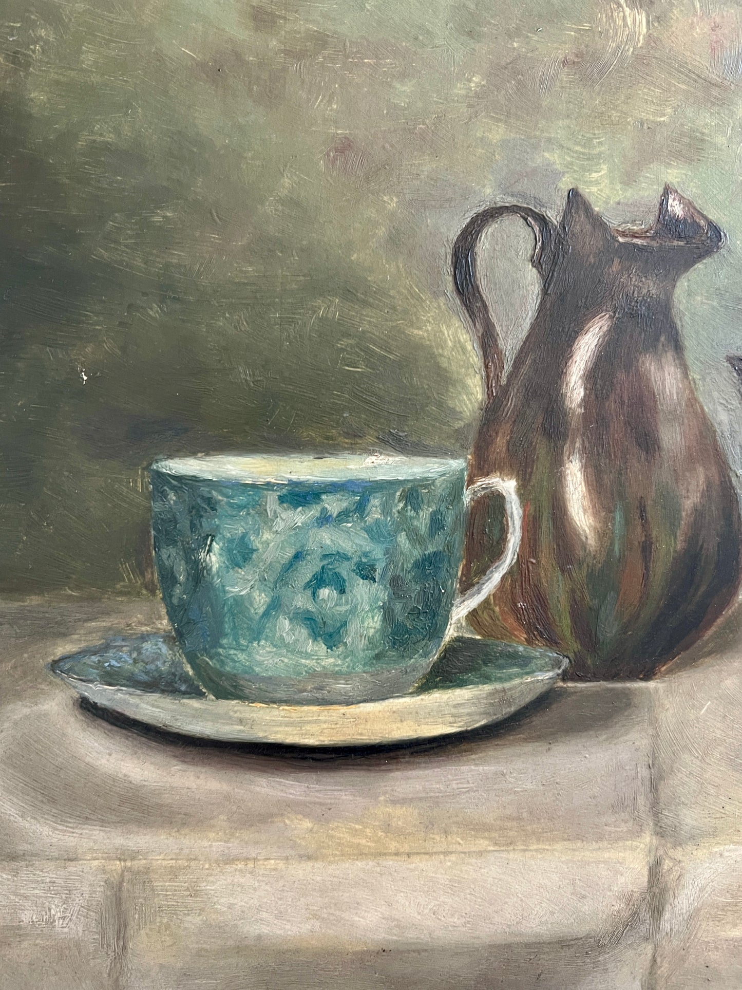 1904 Antique Teapot and Tea Cup Still Life Oil Painting in Carved Frame