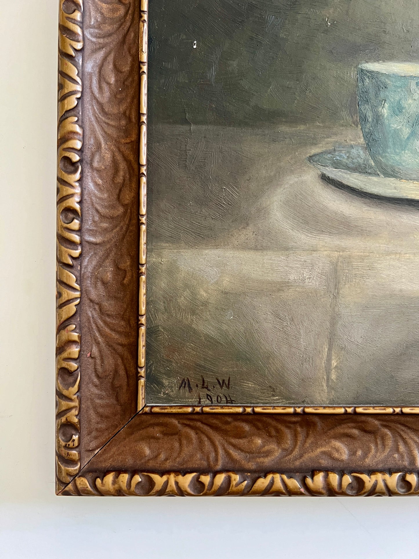 1904 Antique Teapot and Tea Cup Still Life Oil Painting in Carved Frame