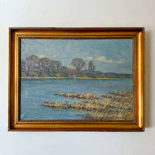 Vintage Riverside Landscape Oil Painting in Gold Frame