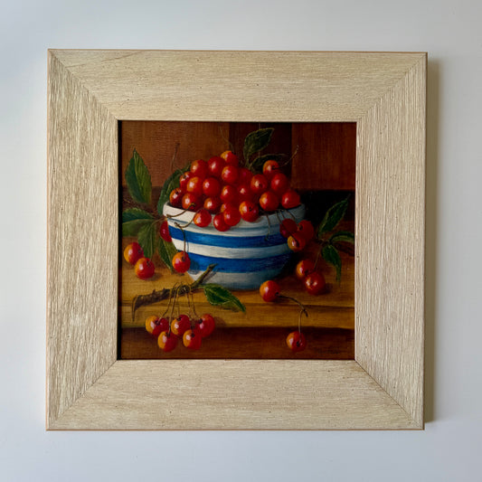 Patricia Newman Cherries in Cornishware Bowl Still Life Oil Painting in White Wood Frame